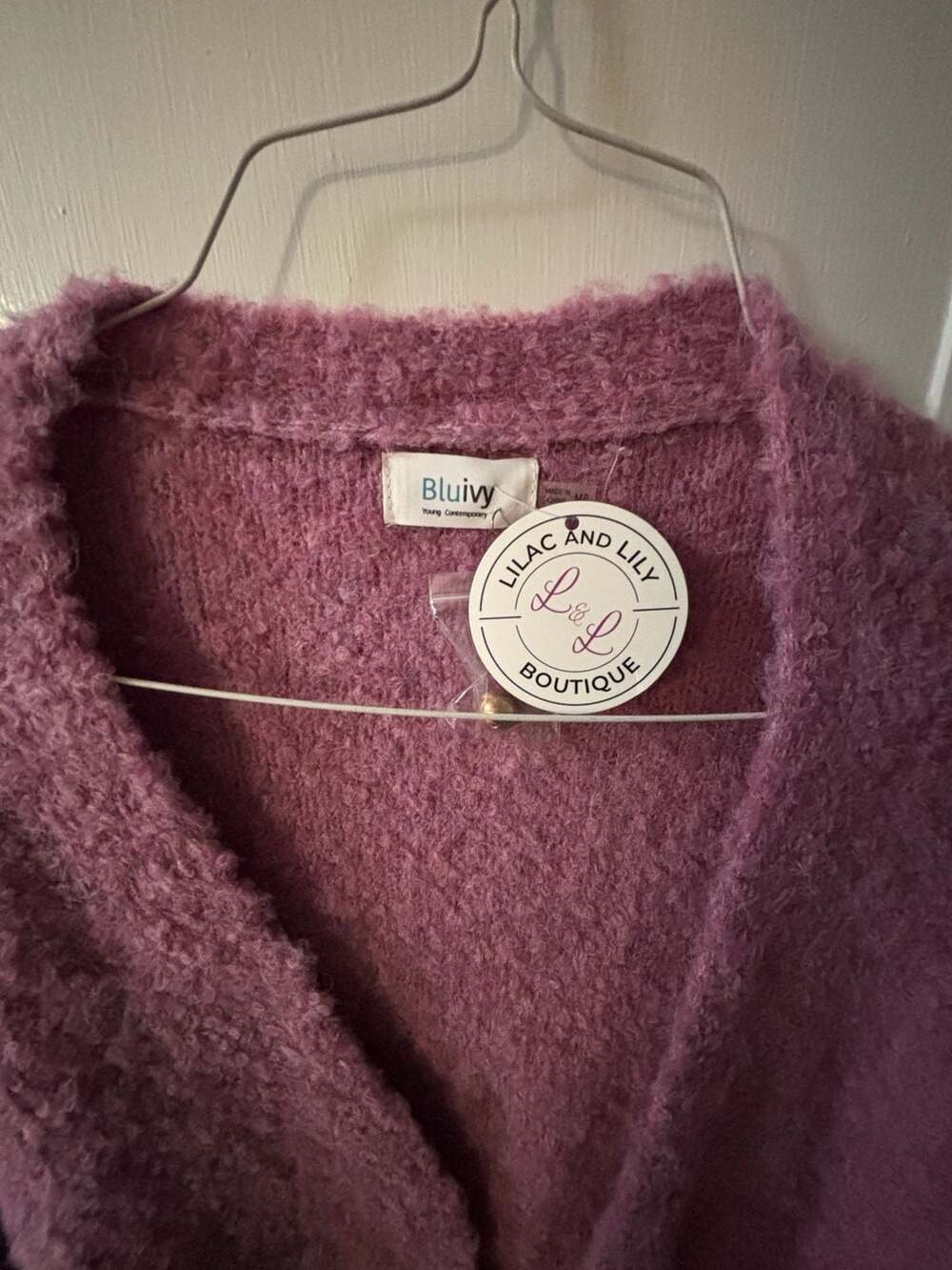 Bluivy Purple Fuzzy Knit Button Front Cardigan with Pockets Size M/L - Picture 2 of 3